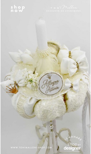 Lumanare botez cu aplicatii perle si broderie Artemis 8